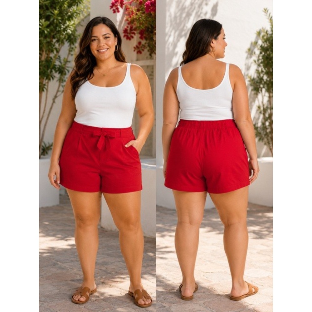 Star Style Red High Waisted Tie Front Shorts Plus Size 1X Elastic Back Stretch